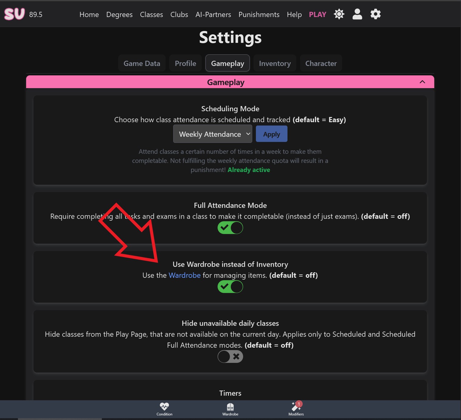Wardrobe Toggle Setting